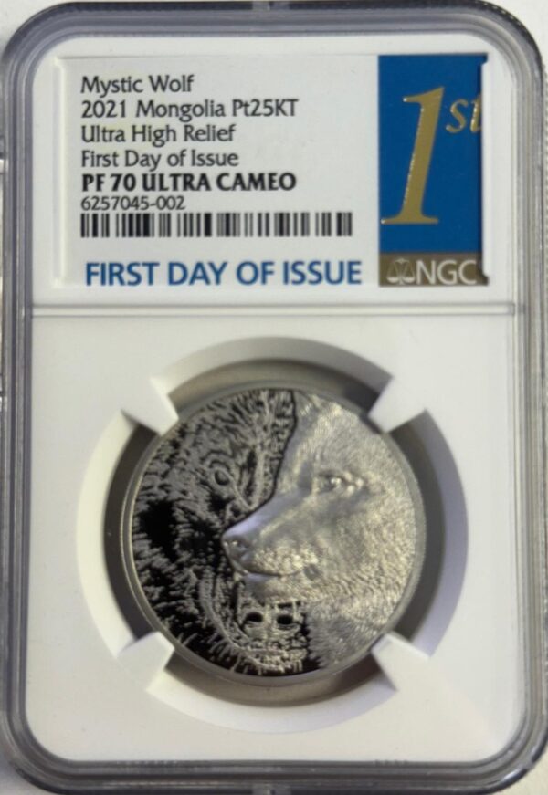 Mystic Wolf 2021 – Mongolei - 1 OZ Platin – Ultra High Relief – PF 70 UCAM – First Day of Issue -