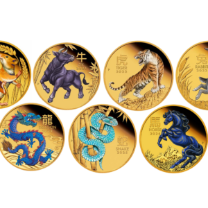 Lunar III Coloriert komplett Serie 2020 bis 2026 Exklusive-Set - Jahr der Maus, Ochse, Tiger, Hase, Drache, Schlange, Pferd - 7x 1 OZ Gold - Coloriert Polierte Platte